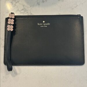 NWT kate spade New York Black Leather Wristlet with Pink Flower Charm
